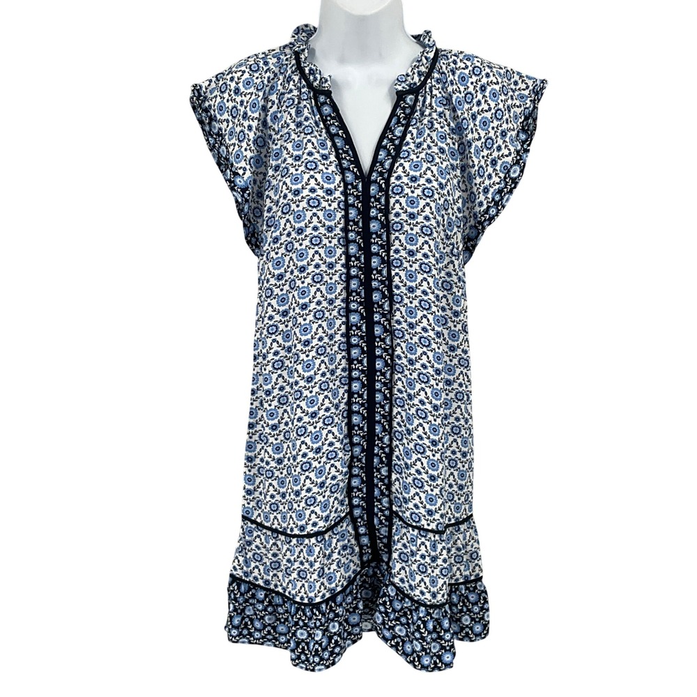 LOFT Dress Womens S Blue Floral Ruffle V-Neck Flutter Sleeve Boho Modest